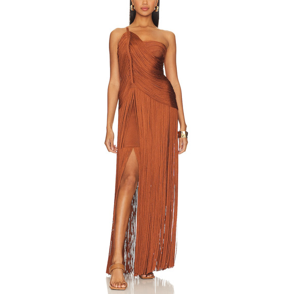 Herv� L�ger Dresses & Skirts - Herv� L�ger 'Draped' Brown Fringe One Shoulder Gown Size L